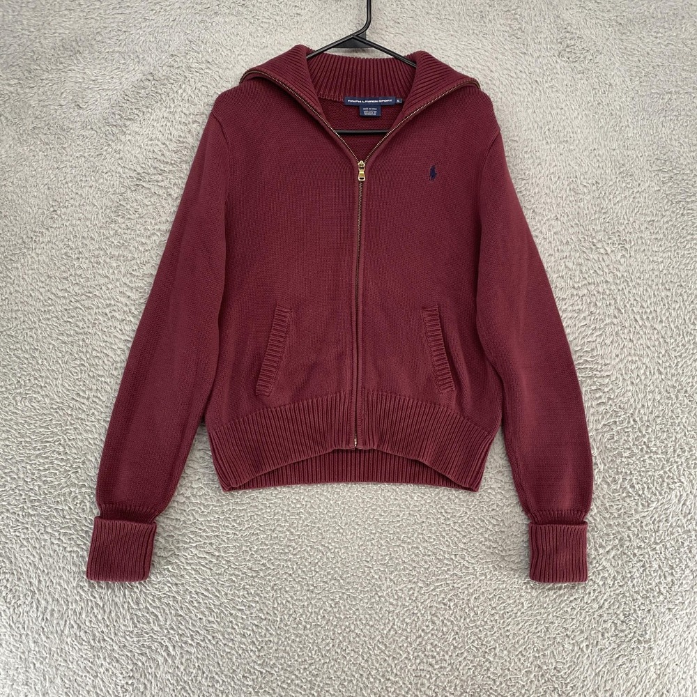 Ralph Lauren Sport Cardigan Sweater Womens XL Red Full Zip Cotton Knit Collared